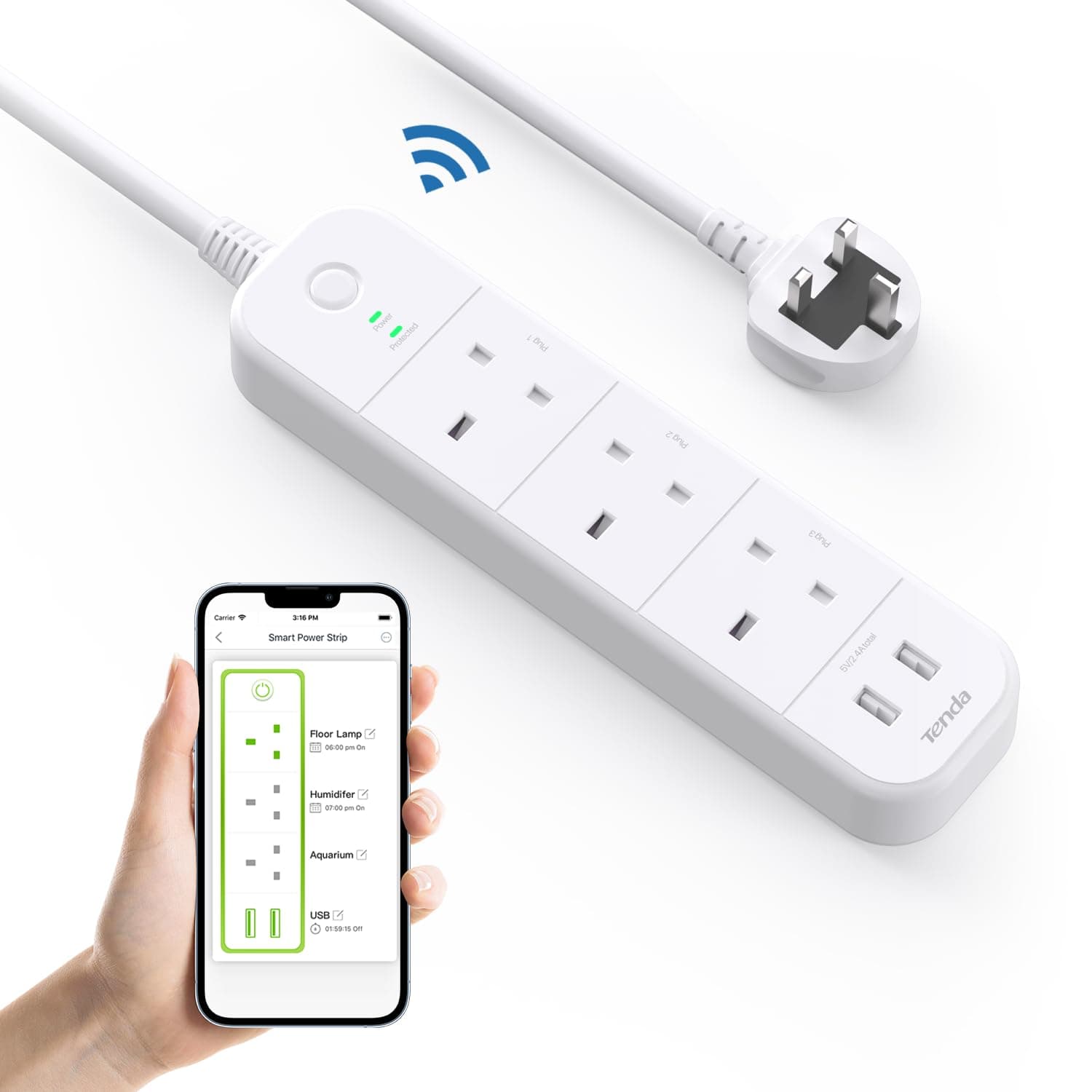Smart Power Strip,Tenda Smart Plug Compatible with Alexa&Google,Surge Protected Smart Extension Lead with 2 USB Slots 3 AC Outlets,App Remote Control,Schedule&Timer Function(SP15)