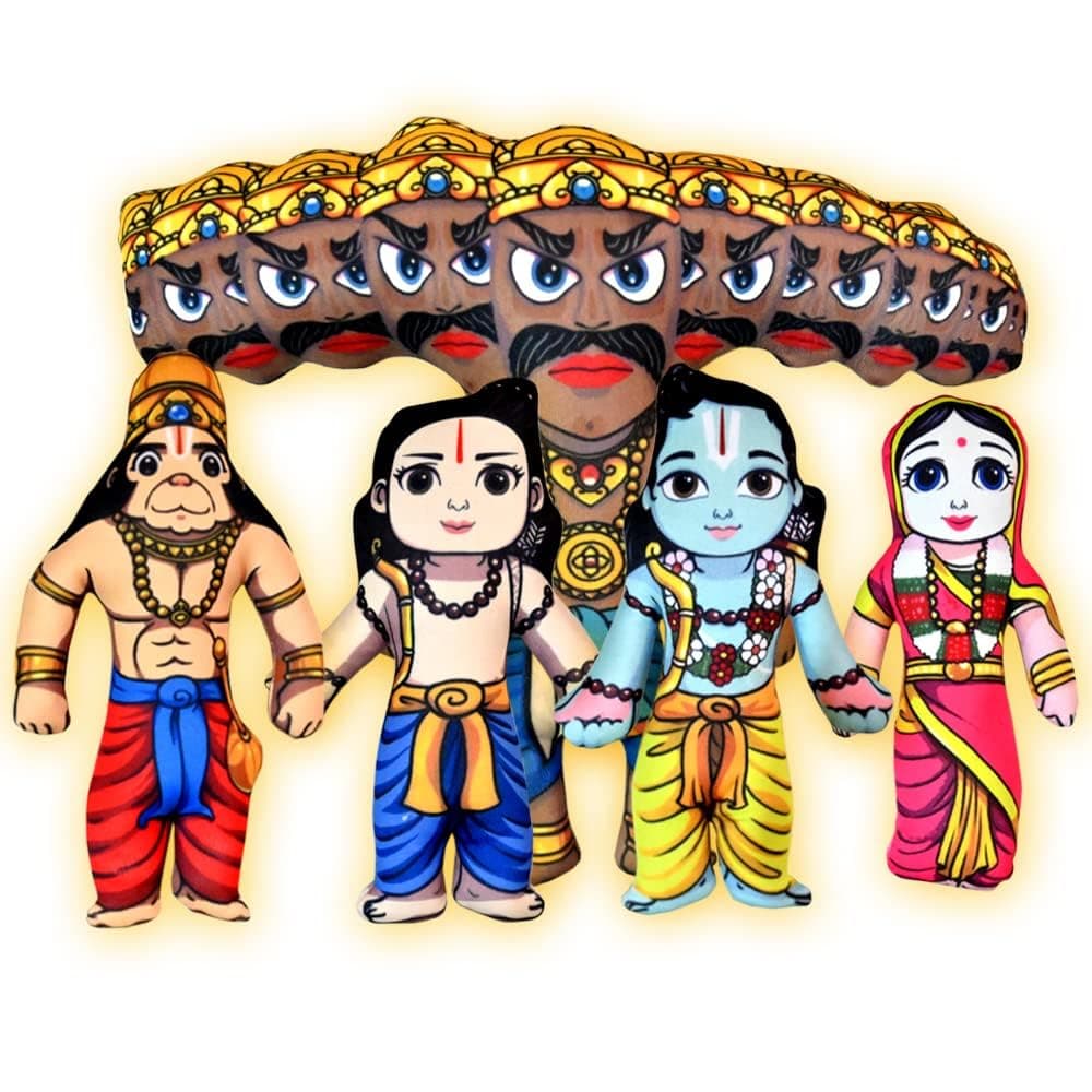 - Vrindavanstore.in Ram Darbar Soft Toy Set with Ravan – Lord Ram, Sita, Hanuman, Lakshman & Ravan Plush Dolls for Kids | Baby-Safe Ram Pariwar Stuffed Toys for Home Décor, Pooja Room & Gifting