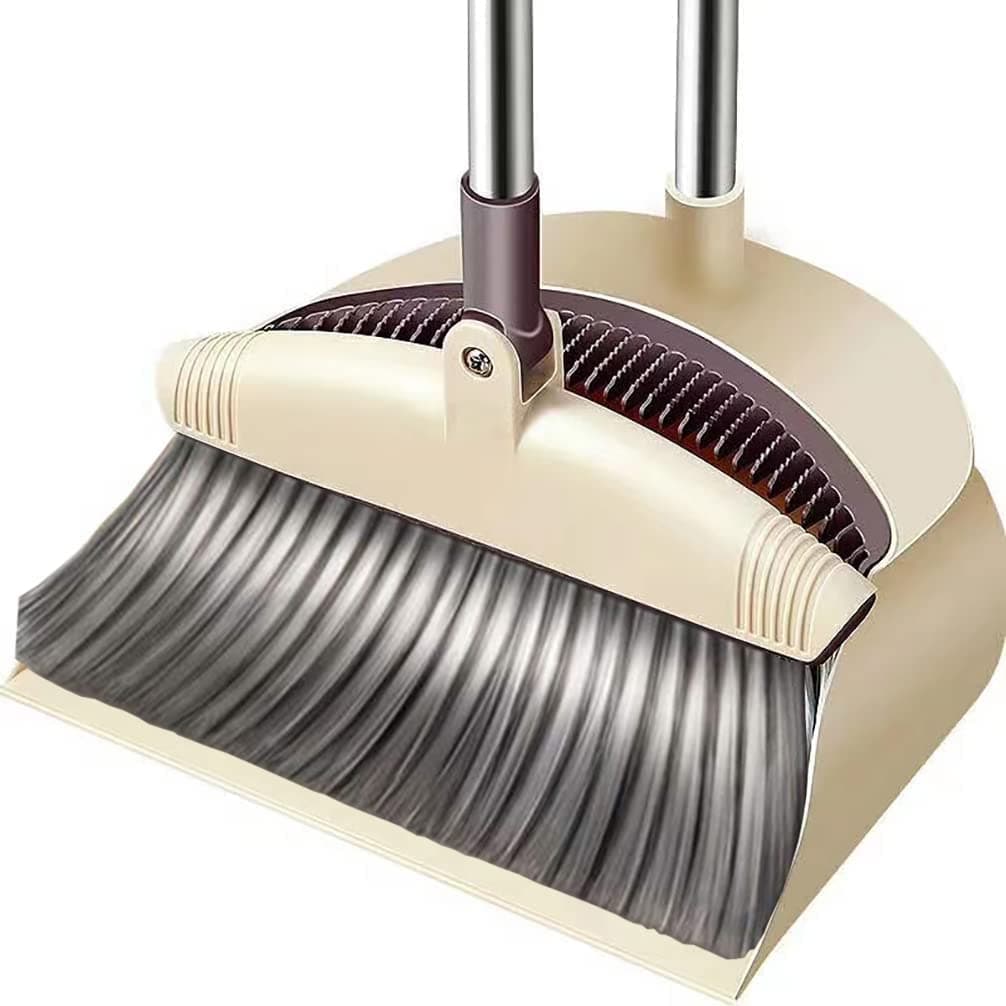 Broom Dustpan Combo Set Standing Dustpan Broom with Stainless Long Handle 44.5"-55.9" Sweep Set Broom Dustpan Set Upright for Home Kitchen Room Office Lobby Floor Cleaning (Brown) (Shaker)