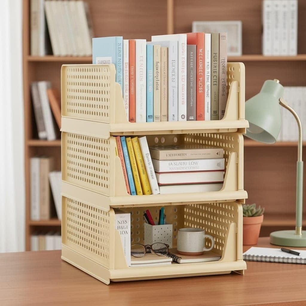 MECHDEL | Wardrobe Organizer For Clothes | Cupboard Organizer | Foldable Shirt Stacker Box | Cloth Box for Almirah | Closet Storage Basket |Plastic Stackable Closet Organizer (Ivory Yellow, 3PCS)