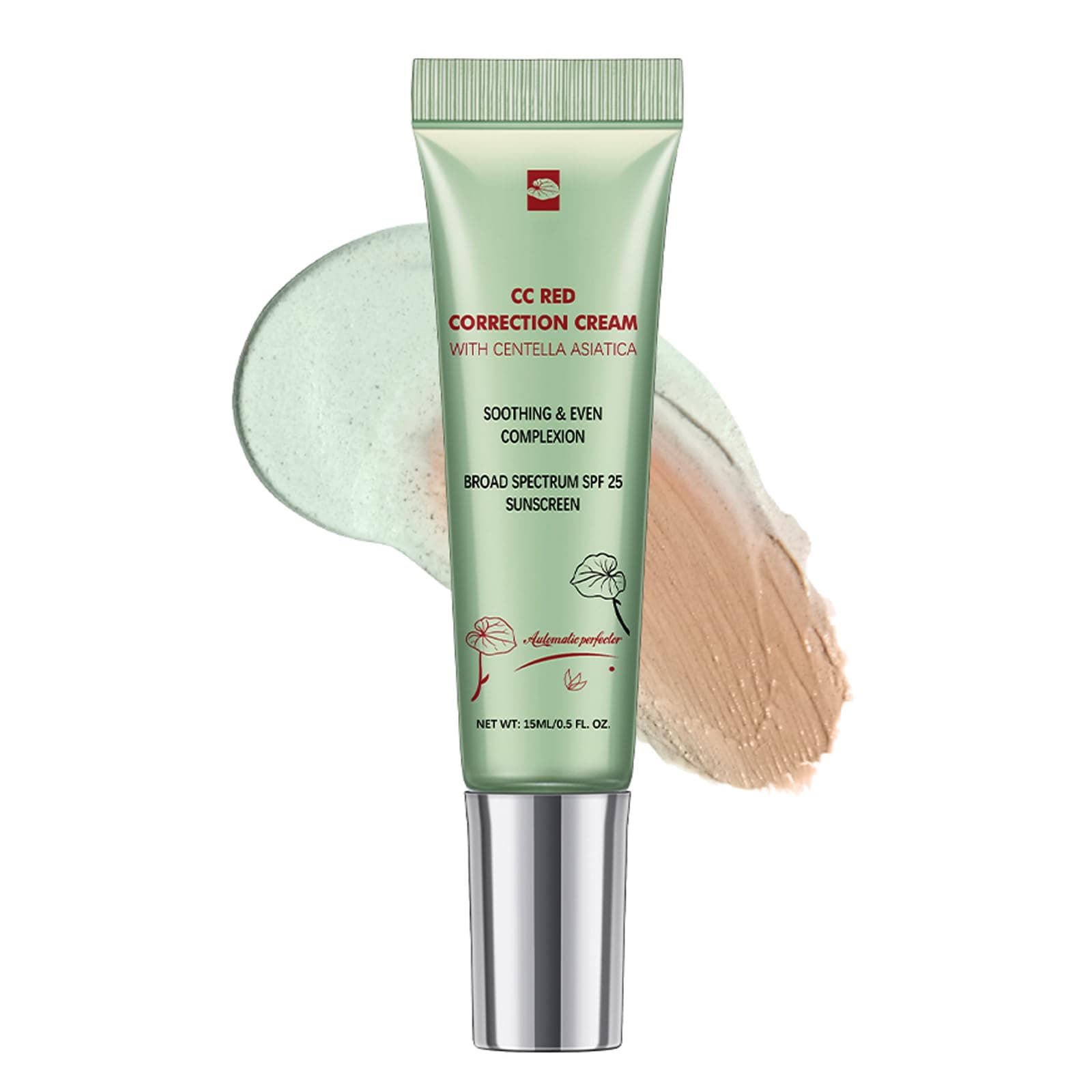 CC Red Correct with Centella Asiatica, Lightweight Skin Perfector Tinted Moisturiser, Covering Corrector Invisible Pores Face Concealer, CC Cream Light With SPF 25,15ml (1#Green, One Size)