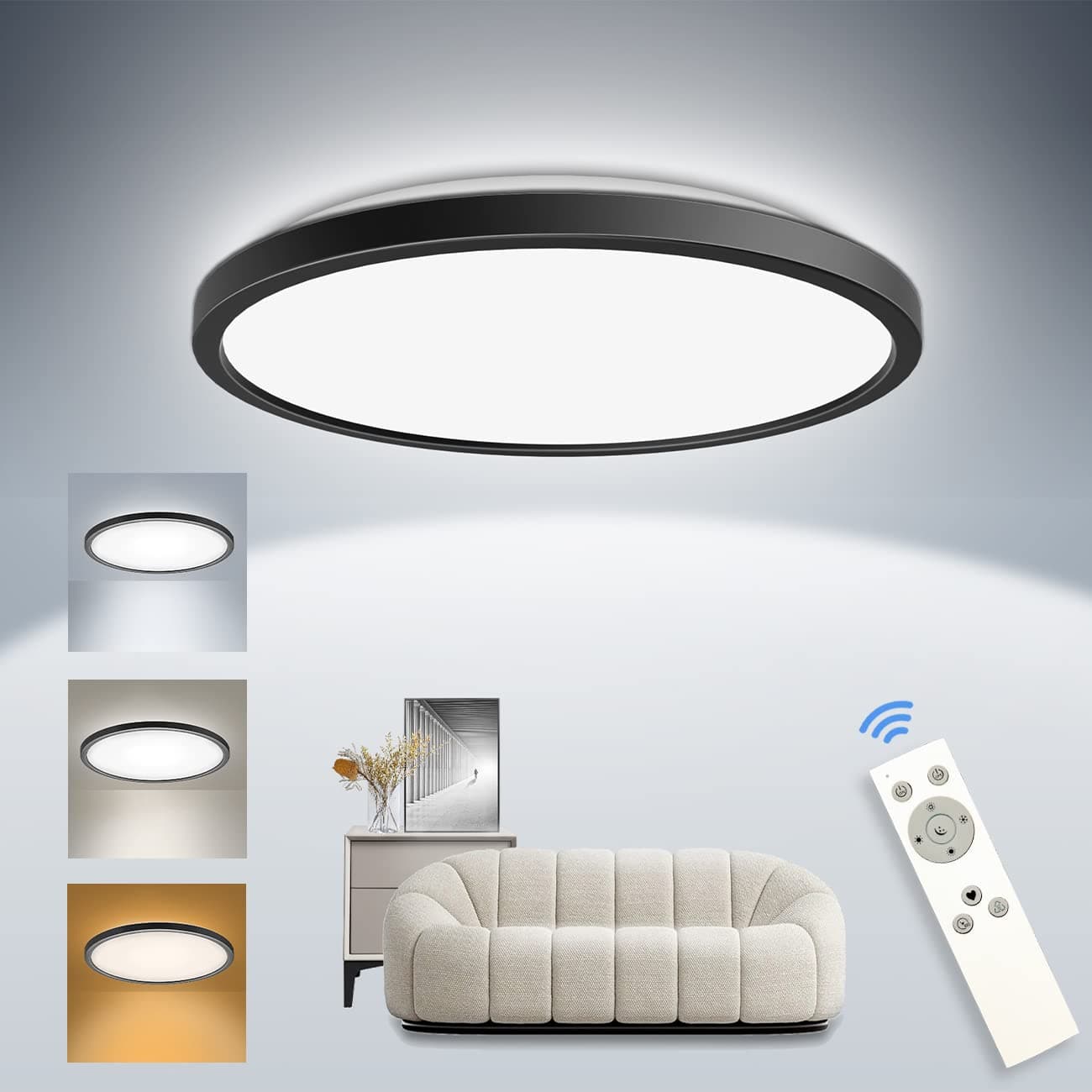 Flush Mount Ceiling Light Fixture Remote Control, Peasur 12inch 24W Dimmable LED Ceiling Light Black 3200LM Ceiling Lights 3000k/4500k/6000k Adjustable with Night Light for Kitchen Bedroom Dining Room