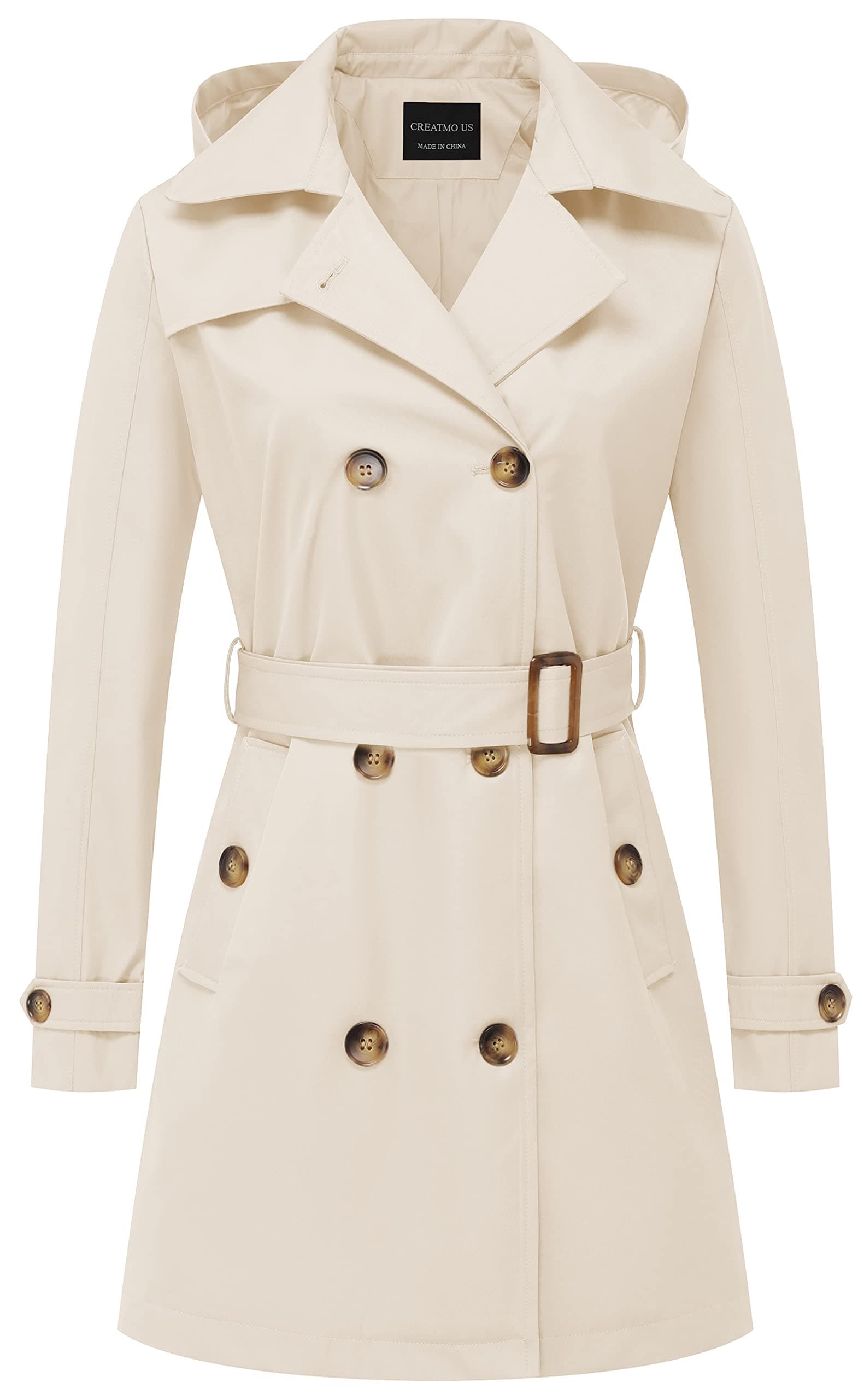 CREATMO USWomen's Trench Coat Double-Breasted Classic Lapel Overcoat Belted Slim Outerwear Coat with Detachable Hood