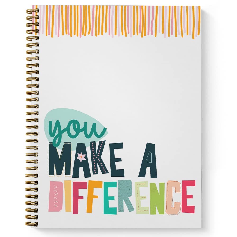 Softcover You Make A Difference 8.5" x 11" Motivational Spiral Notebook/Journal, 120 Wide Ruled Pages, Durable Gloss Laminated Cover, Gold Wire-o Spiral. Made in the USA
