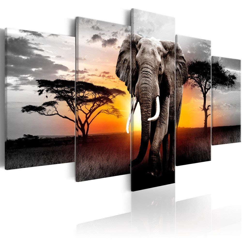 Black and White Yellow Elephant Wall Art Print on Wrapped Canvas Animals Painting Sunrise Landscape Pictures Living Room Decoration Framed