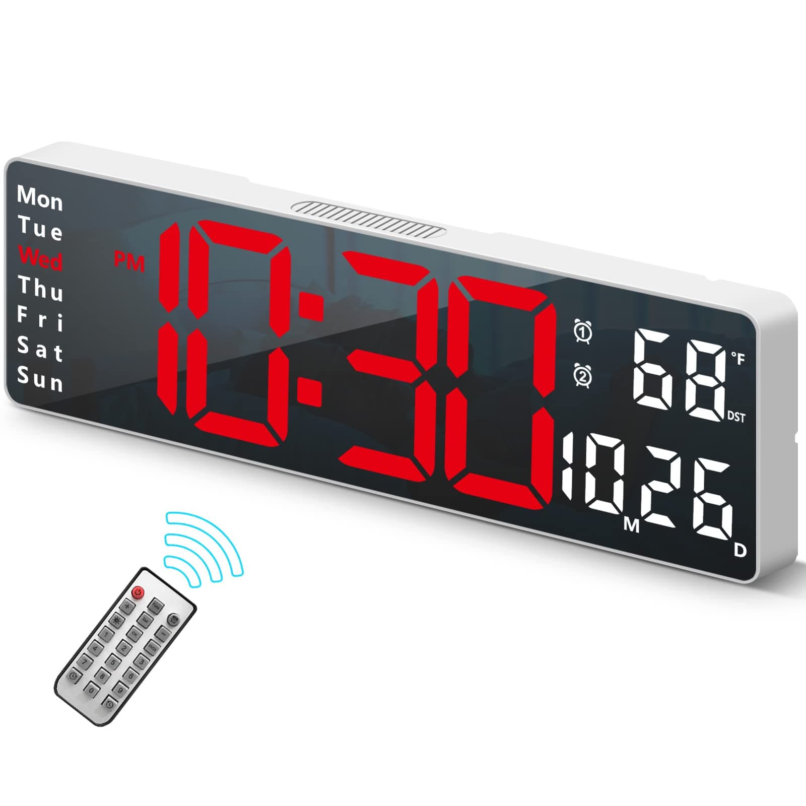Digital Clock, Digital Wall Clock for Living Room Decor, Desk Alarm Clock for Bedroom, Large Wall Clock with Remote Control, Automatic Brightness Dimmer LED Clock with Date Temperature Week (Red-W)