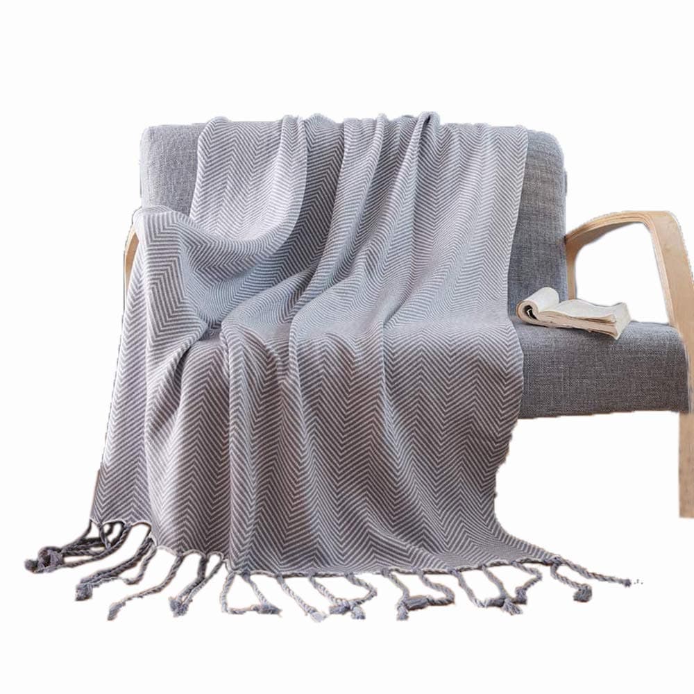 LakeMono 100% Cotton Throw Blanket Super Soft Herringbone Pattern Europe American Style Couch Cover Knitted Blanket with Tassels (Grey,50’’x76’’)