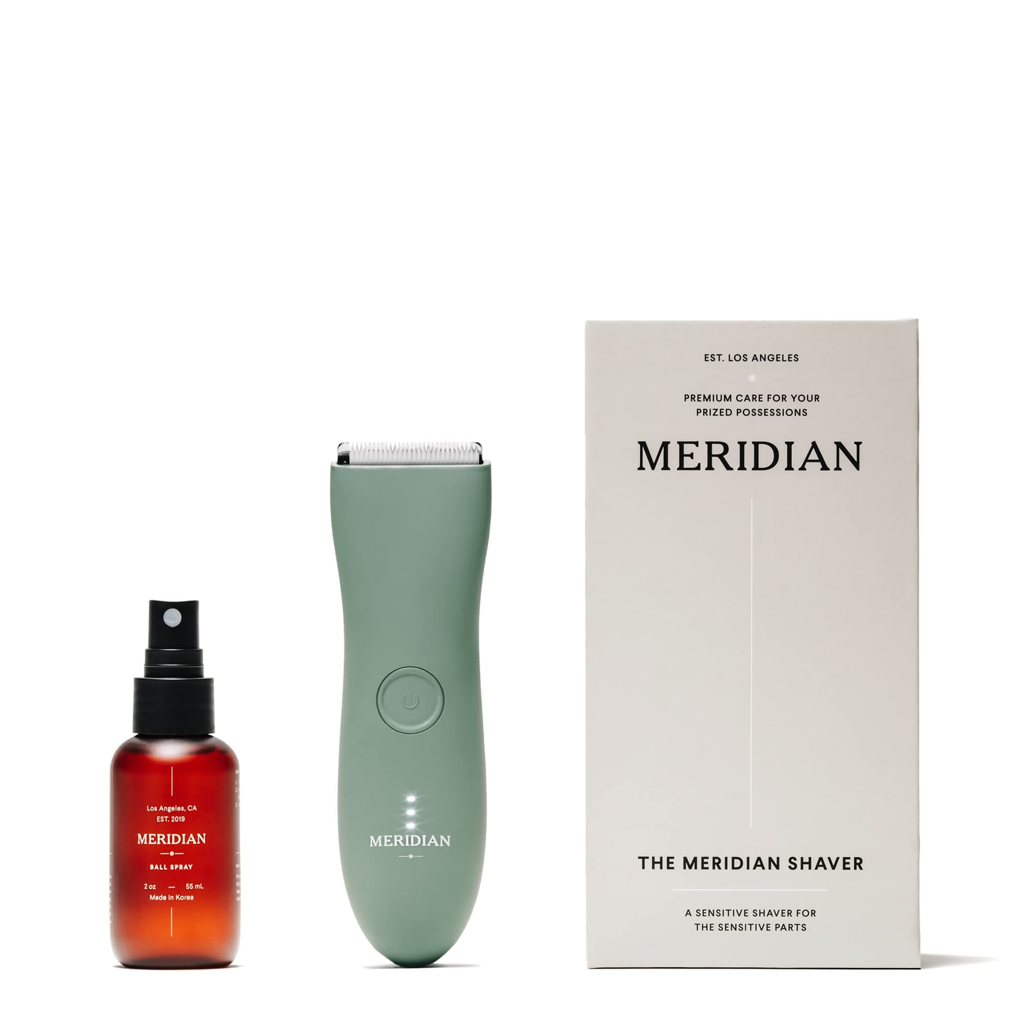 MERIDIAN - The Complete Package: Includes Men’s Waterproof Electric Below-The-Belt Trimmer and The Spray (50 mL) | Features Ceramic Blades and Sensitive Shave Tech (Sage)