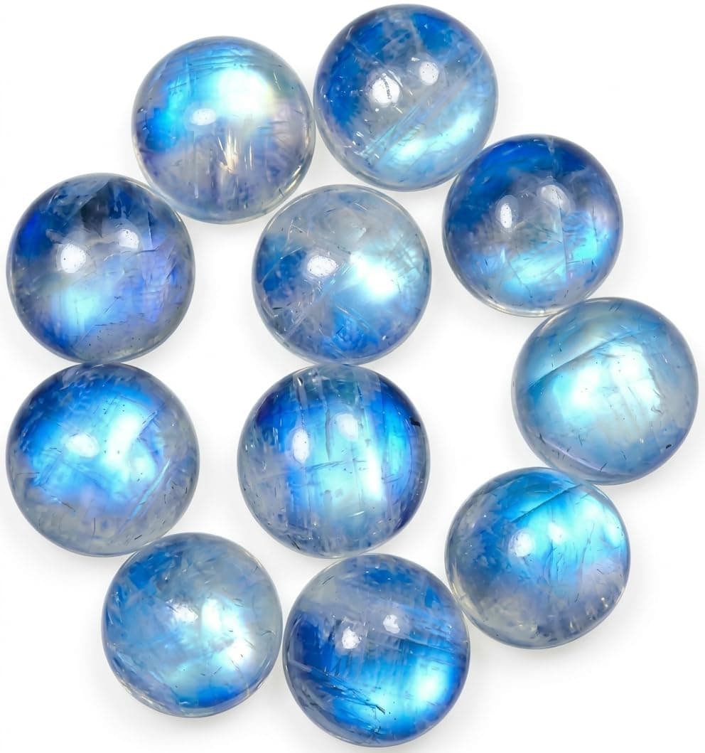 7mm Round Blue Fire AAA Quality Natural Rainbow Moonstone Calibrated Cabochon Loose Gemstone 11 pcs Box.