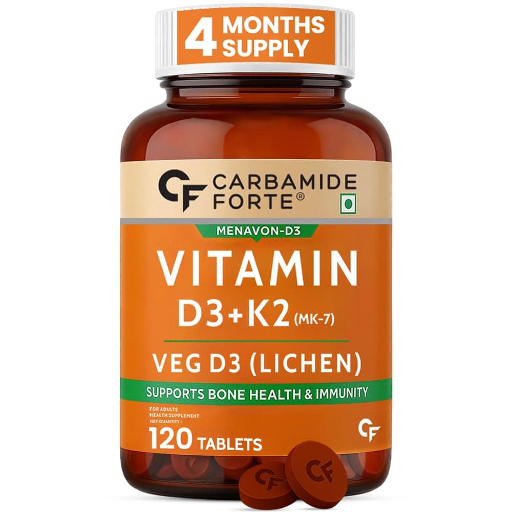 Carbamide Forte Vitamin D3 K2 Supplement | Vitamin K2 MK7 To Support Bone & Heart Health | Veg D3 - Lichen - 120 Tablets