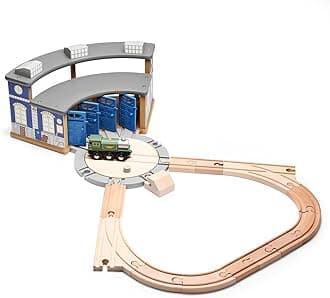 SainSmart Jr. Wooden Train Track with Roundhouse - Railway Toy for Toddlers, Double-Side Tracks Compatible with with All Major Brands - Wood Toy Train for Aged 3+