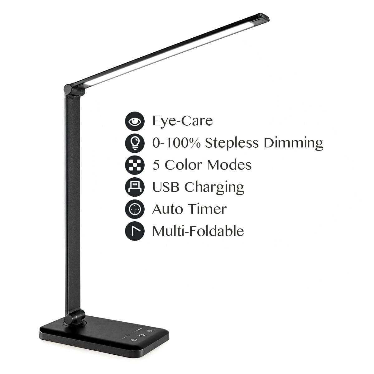 LED Desk Lamp, Aluminum Foldable Desk Lamp with USB Charging Port, 5 Colors Modes,0-100% Stepless Dimming Adjustable Level Office Lamp for Reading, Studying, Working,Black
