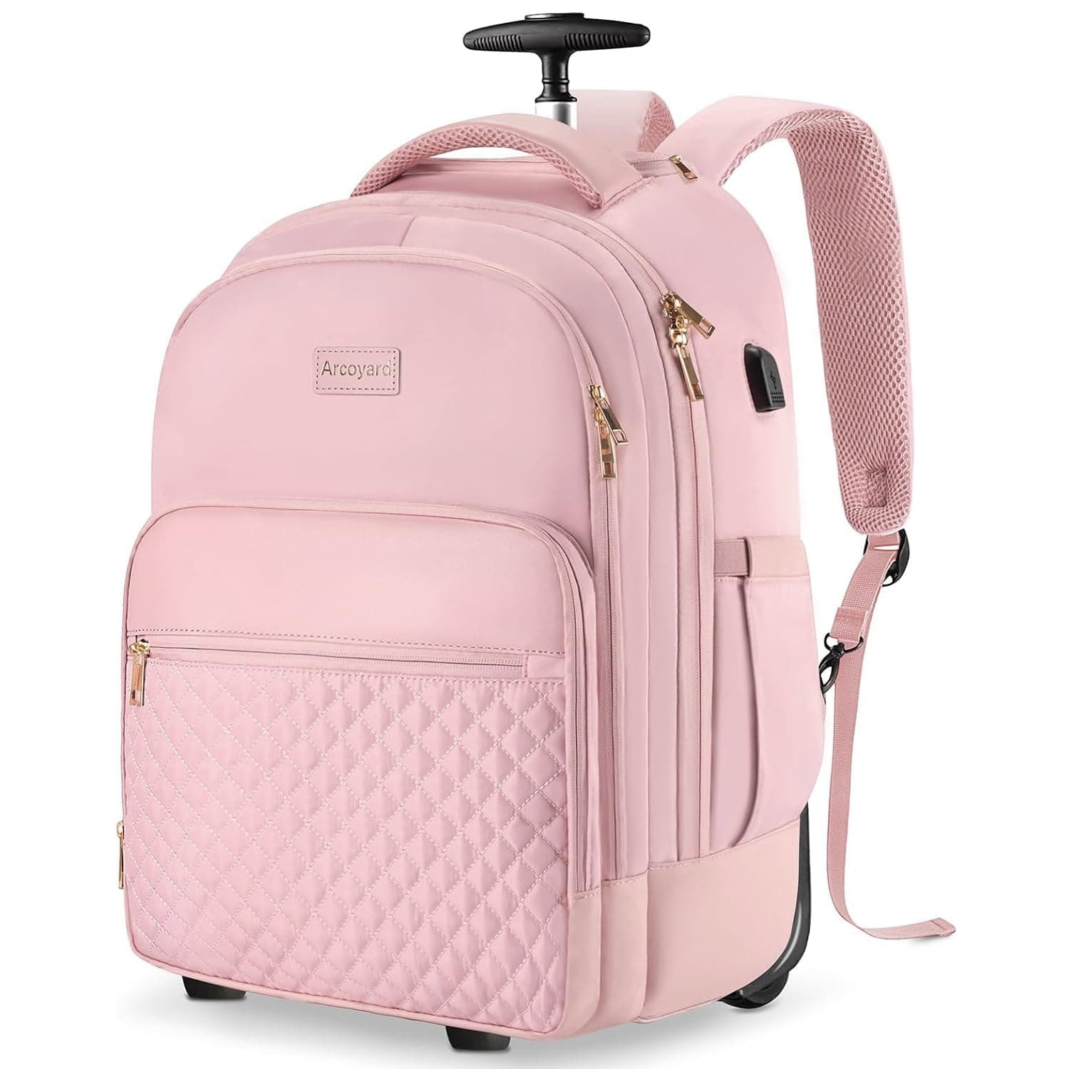 Rolling Backpack Carry On Luggage For Adults With Wheels, 45L Wheeled Backpack For Women, Travel Roller Backpack, Rolling Bookbag for Girls, Pink, Pink, 40L, Rooling Backpack