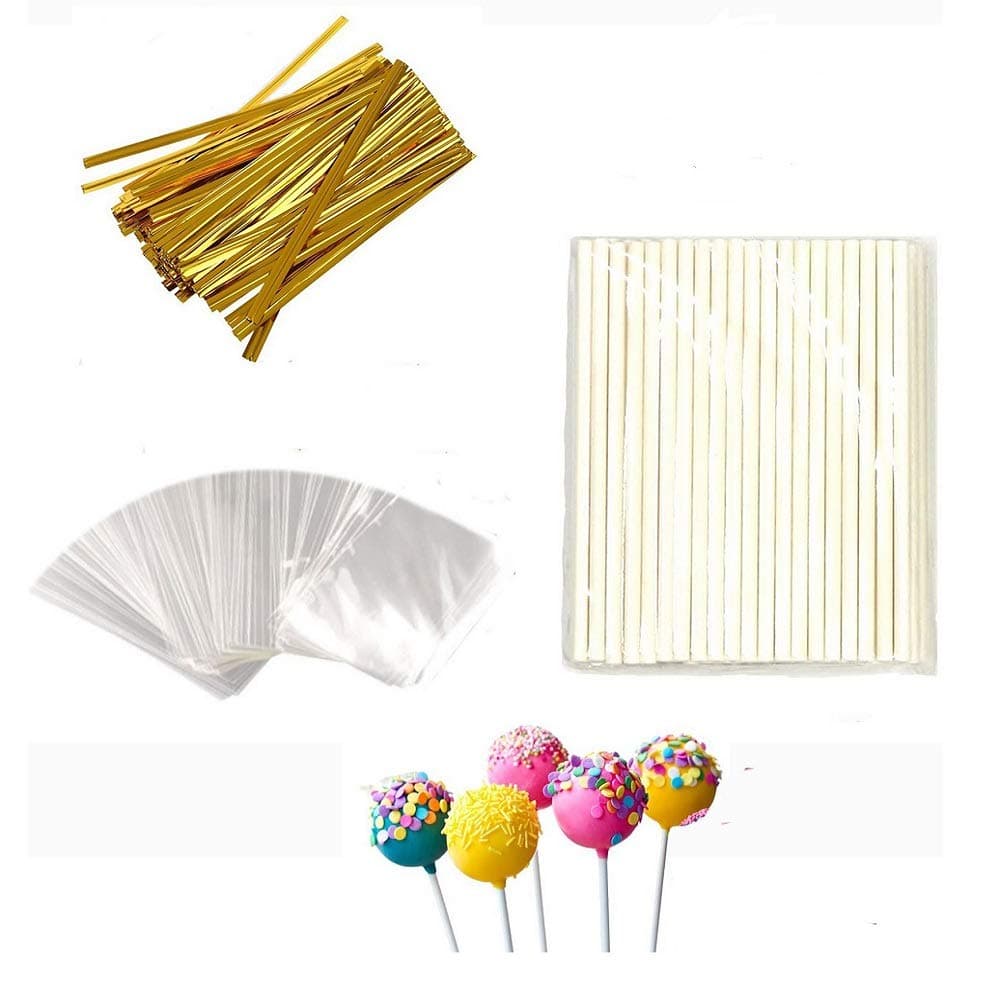 Treat Bag Set 100PCS Each for Cake Pops, 4" White Lollipop Sticks, 3"x4" Clear Parcel Bags, 4" Golden Twist Ties
