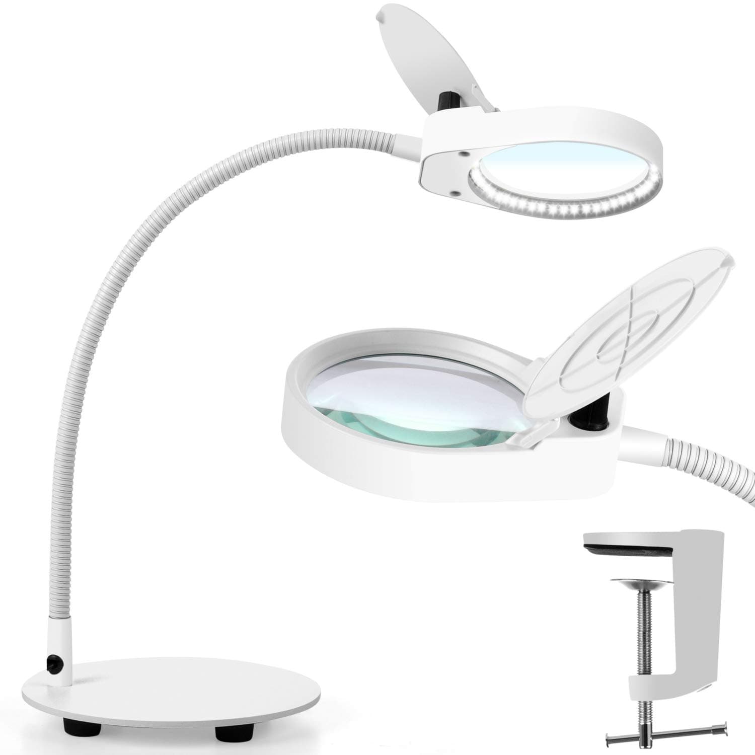 TOMSOO Dimmable Magnifying Glass Desk Lamp - 2 in 1 Bright Lighted Magnifier with Stand & Clamp - Adjustable Gooseneck LED Light for Reading, Craft, Hobby, Sewing, Painting, Puzzle, Close Work, 2.25X