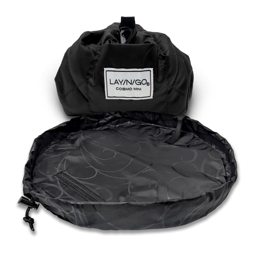 Lay-n-Go Drawstring Mini Makeup Bag – Black - 16 inch - Travel Cosmetic Bag, Scrunch Sac Makeup Bag Opens Flat for Easy Access, Makeup Pouch, Durable and Stylish, Black, 16 Inch