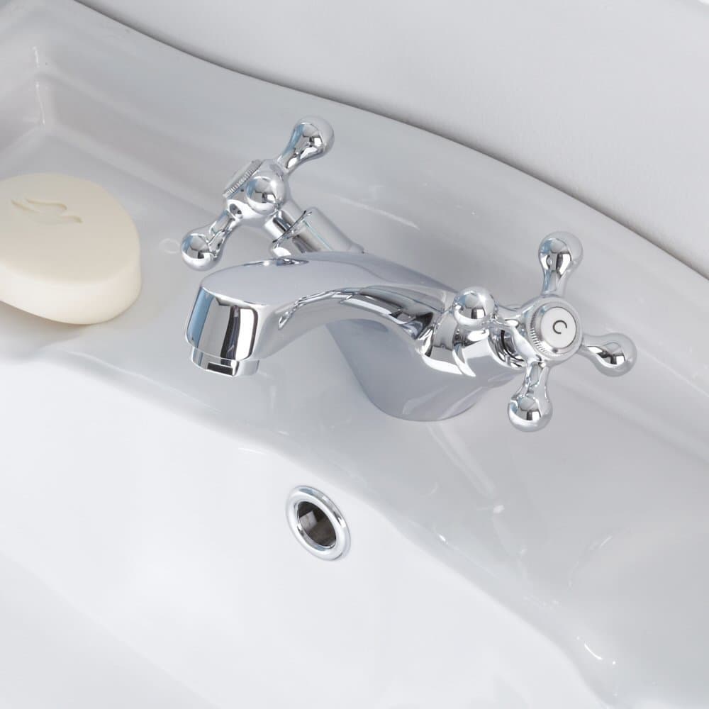 Chrome Traditional Crosshead Control Bathroom Deck Mounted Mono Mixer Basin Tap With Push Button Waste