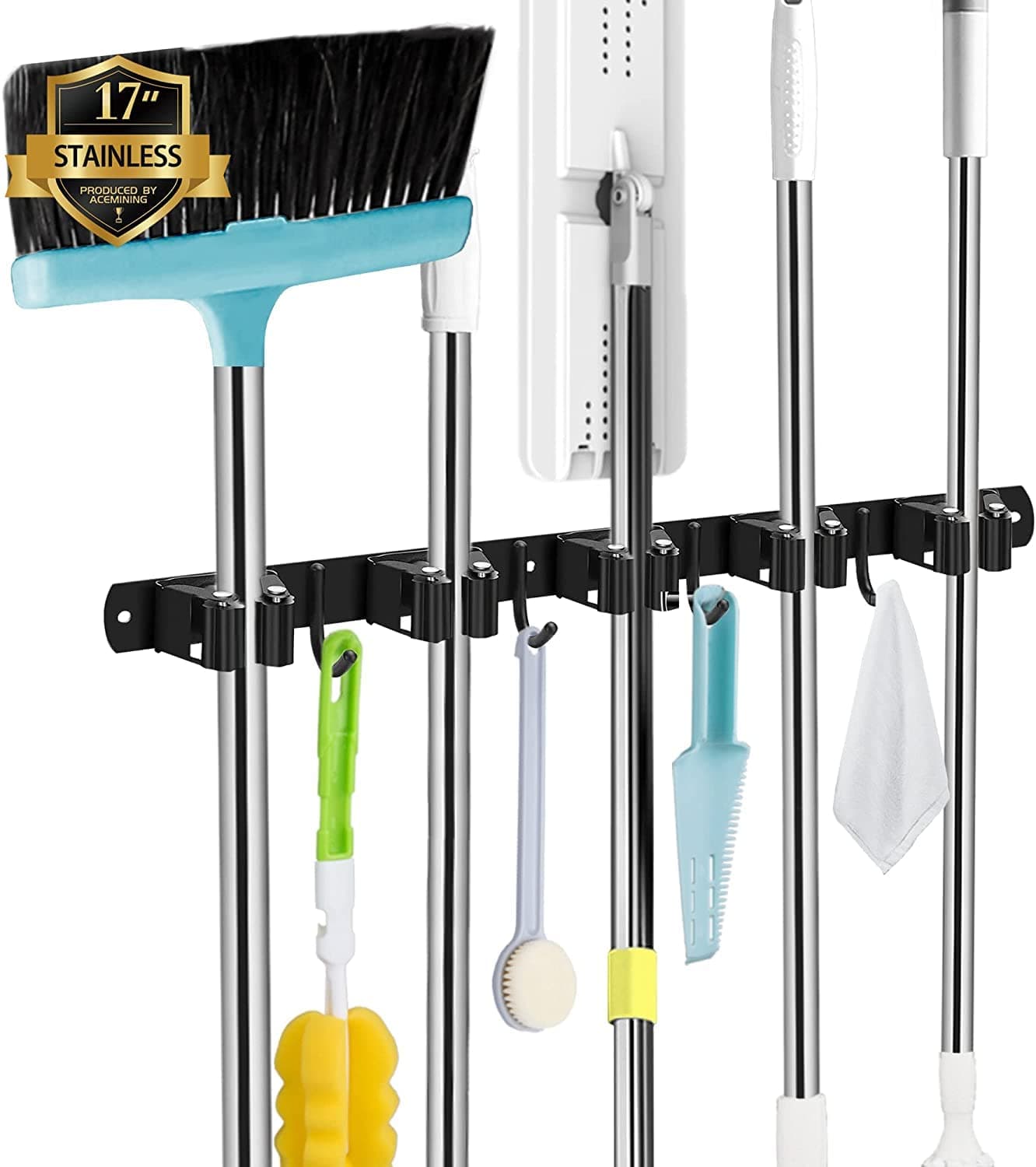 5 Holders+4 Hooks Black Broom Holder Wall Mounted with Nails Installation, Heavy Duty Stainless Steel Mop Holder, Brush Mop and Broom Storage Self Adhesive