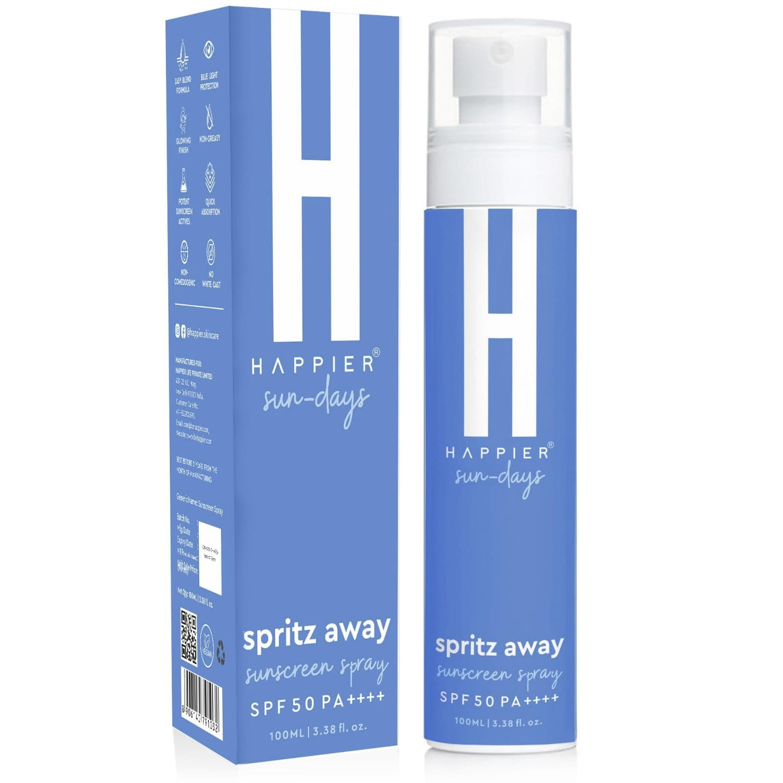 Happier Sunscreen Spray SPF 50 PA+++ | Hydrating Sunscreen Spray for Face & Body | Water Resistant, Broad Spectrum, Non-greasy, No White Cast, Lightweight, Long-lasting Protection for All Skin Types