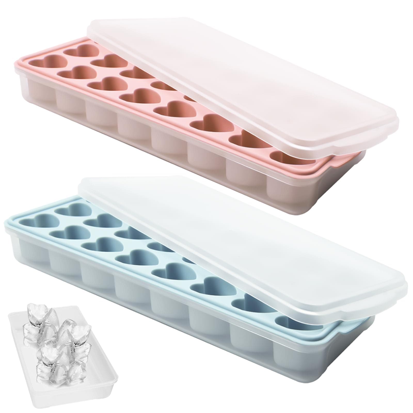 2 Pack Heart Shpaed Ice Cube Trays with Lids and Bins Ice Molds with Ice Storage Box, 48 Holes Silicone Heart Ice Cube Tray for Whiskey Cocktail Fun Shapes Cubes, with Lids & Bins
