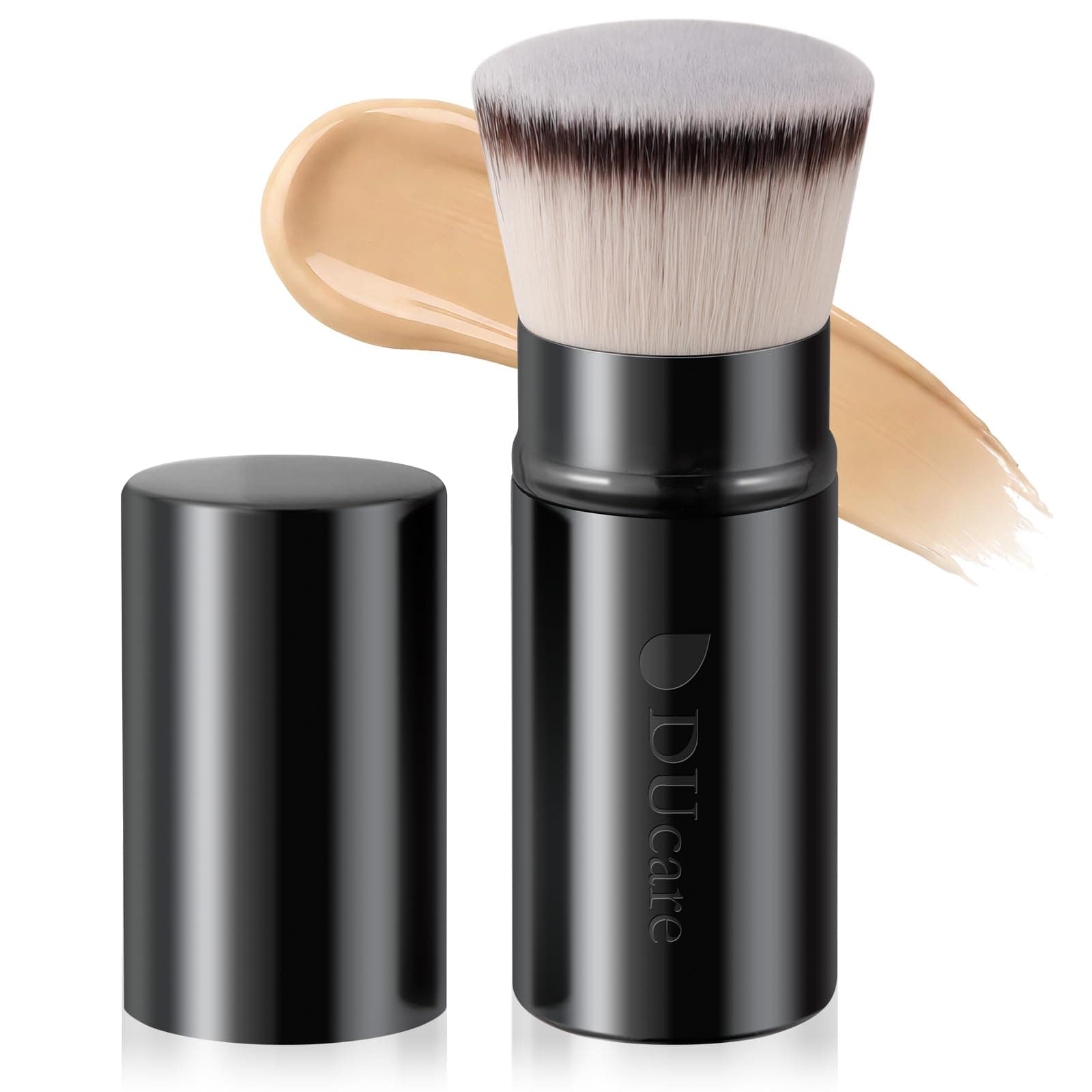 DUcare Retractable Kabuki Foundation Brush, Aluminum Handle Self Tanner Brush for Face, Flat Top Brush for Liquid Cream Powder Makeup, Travel Portable
