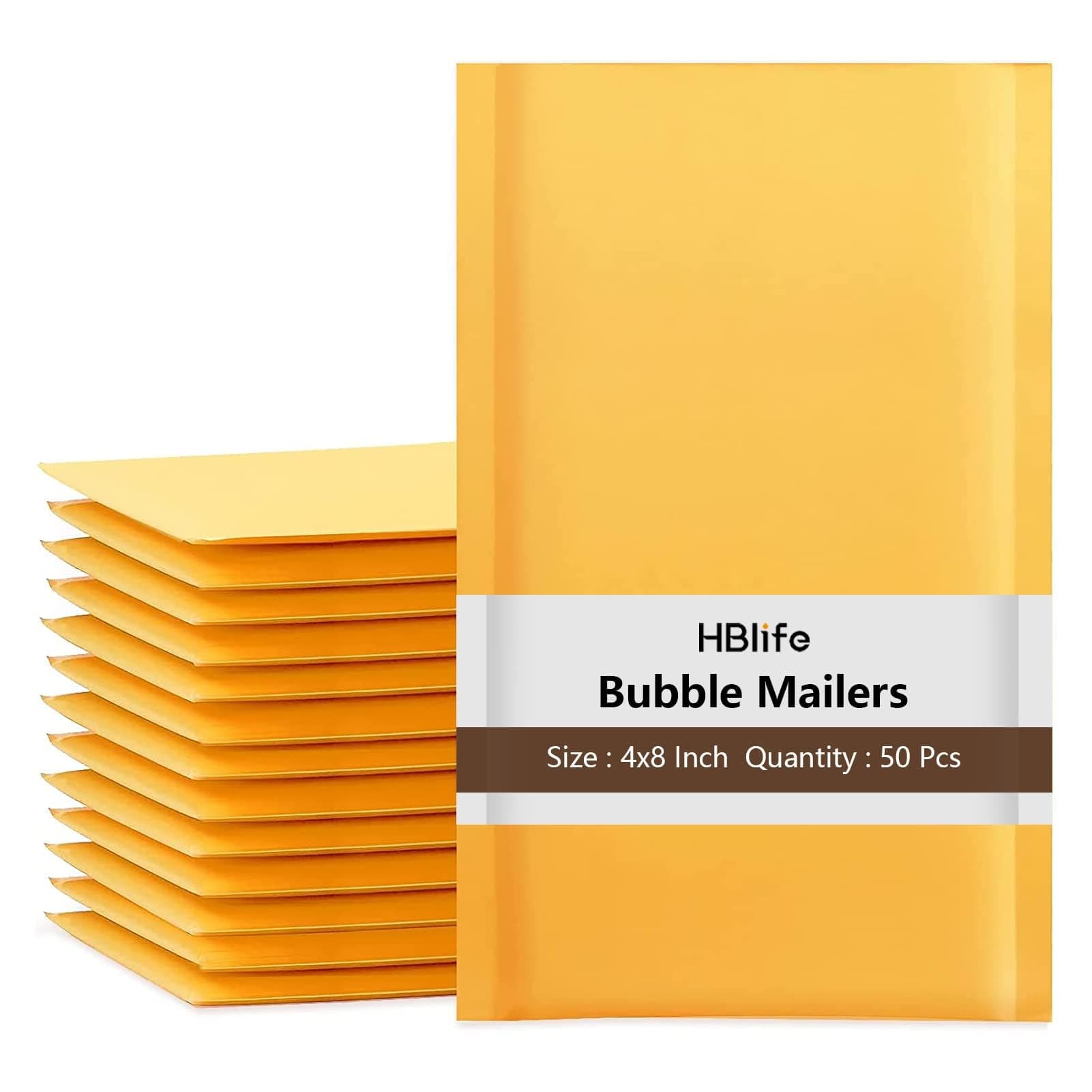 HBlife 50Pcs Bubble Mailers, 4x8 Inches Self Seal Kraft Poly Mailers, Padded Envelopes Shipping Bags Packaging for Small Business
