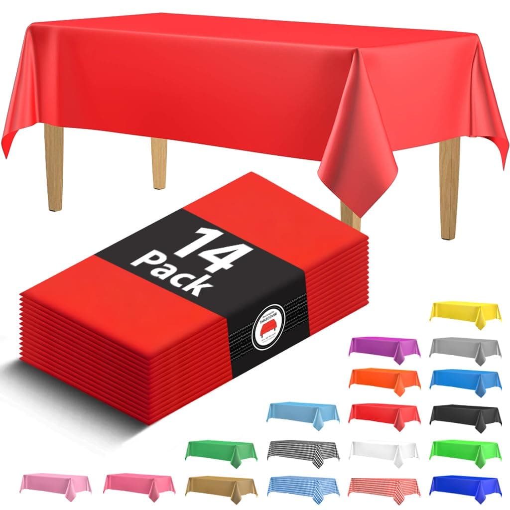 14 Pack Premium Red Plastic Tablecloth - 54 x 108 in. Disposable Rectangle Plastic Table Cloth - Decorative Rectangle Table Cover Smooth Tablecloth - Disposable Table Cloths For Parties, Weddings