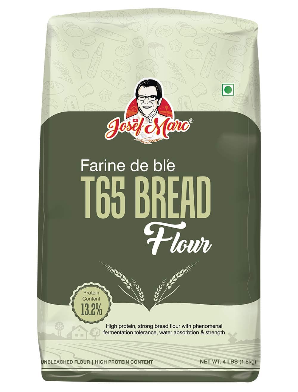 JOSEF MARC Farine De Ble T65 Bread Flour, 4 LBS (1.8kg) - Unbleached & High Protein Flour, All Purpose Bread Flours, Strong Bread Flour.