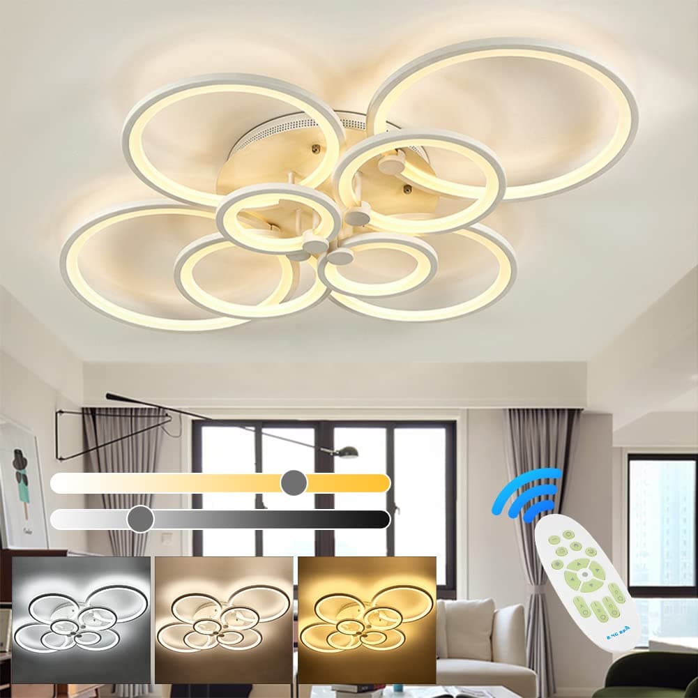 Dimmable LED Ceiling Light with Remote Control, Flush Mount Lighting Fixture with 8 White Rings, Chandeliers for Living Room, Bedroom and Dinning Room(2800-6000K)