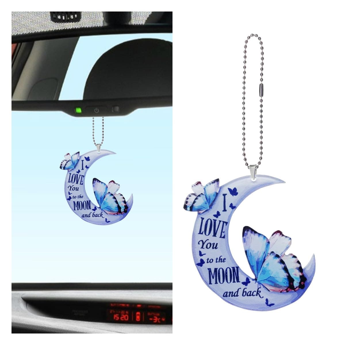 Butterfly Car Rearview Mirror Accessories - 2D Flat Car Rear View Mirror Charm - Lovely Moon Car Interior Mirror Hanging Pendant - Christmas Tree Ornament Car Decoration for Men Women (Blue)