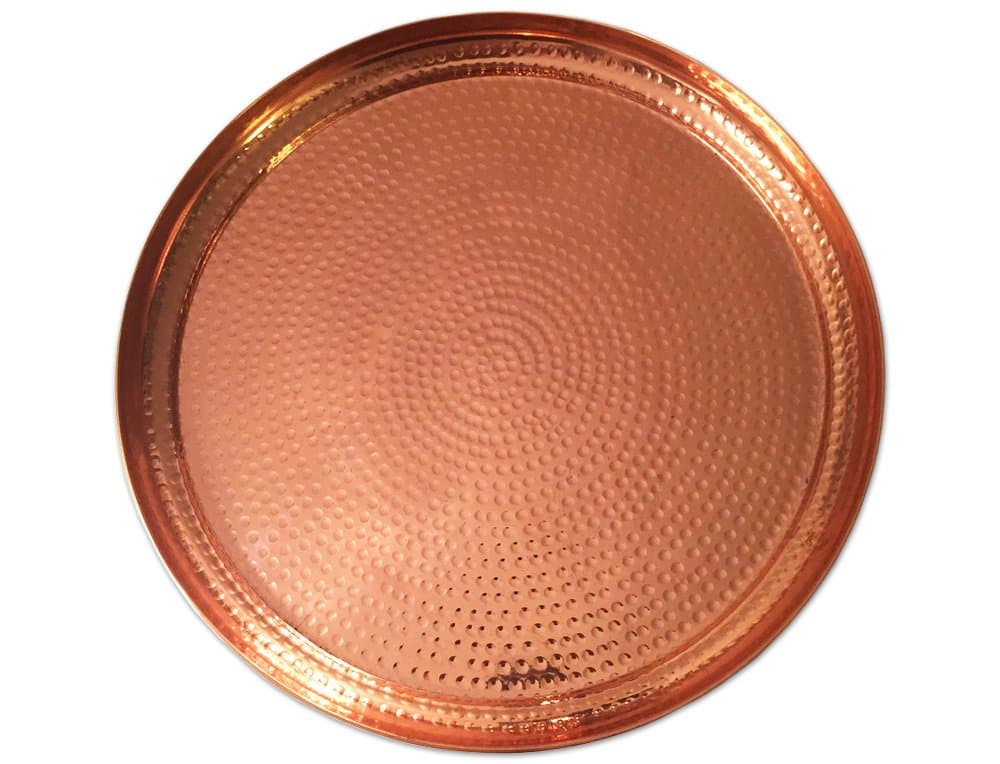 Handcrafted Circular Copper Hammered Serving Platter - 14 Inches Polished Finish - By Mainroom Studios - Round Party Tray Dish