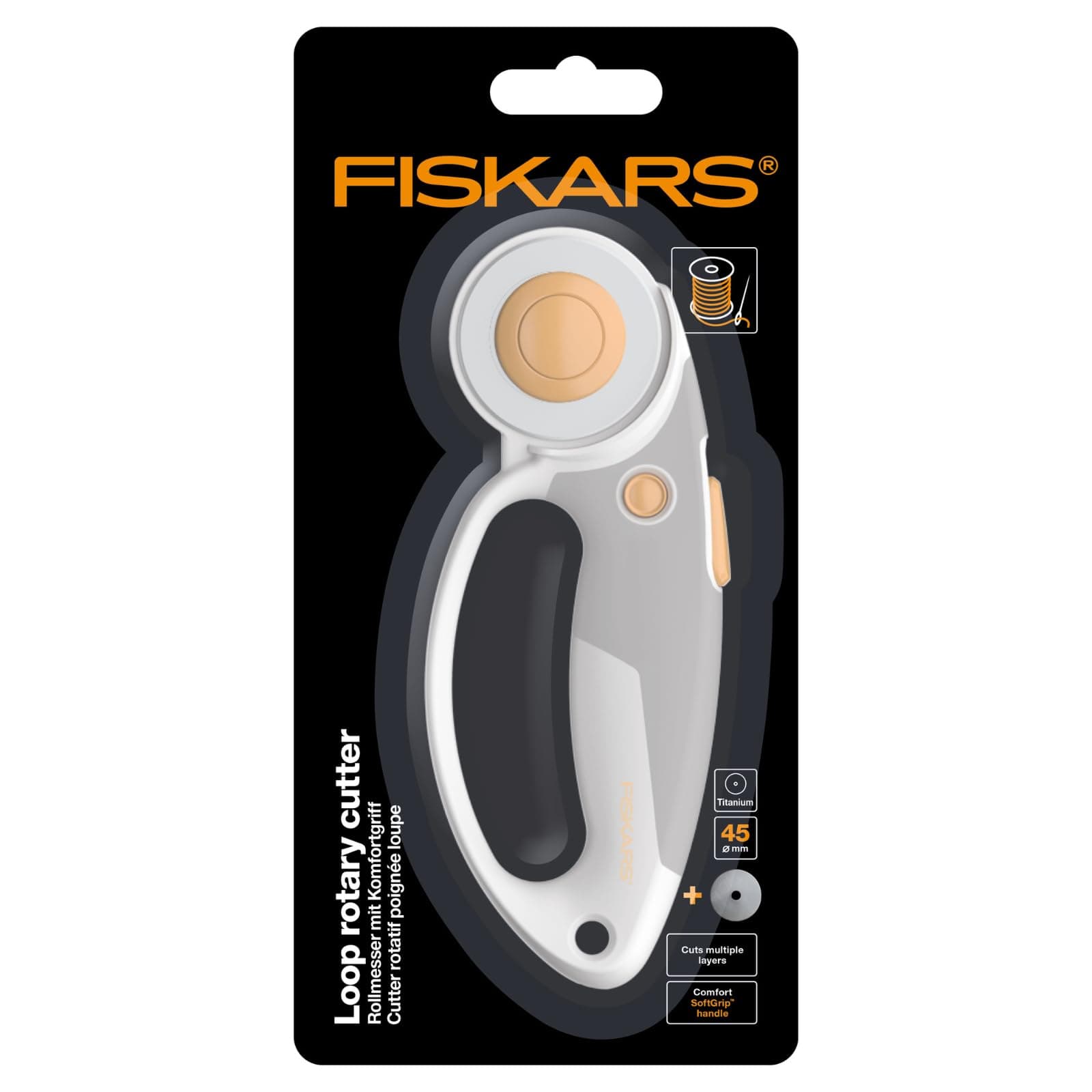 Fiskars titanium rotary cutter, rotary blade with loop handle, right and left-handed, blade diameter: 45 mm, orange/white/grey, 1066047