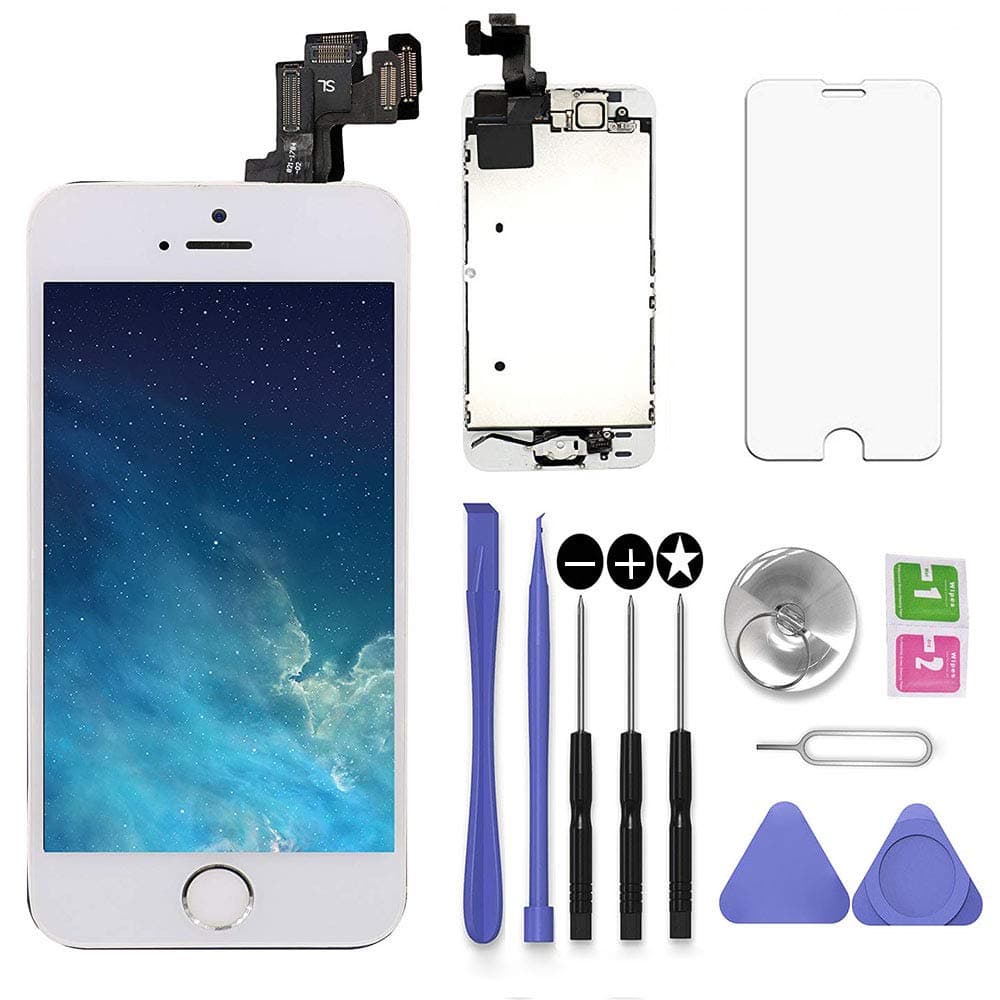 Screen Replacement White for iPhone 5S 4.0 inch with Earpiece and Camera Full Assembly 3D Touch LCD Display Digitizer Frame Replacement with Repair Tool Kit, Screen Protector