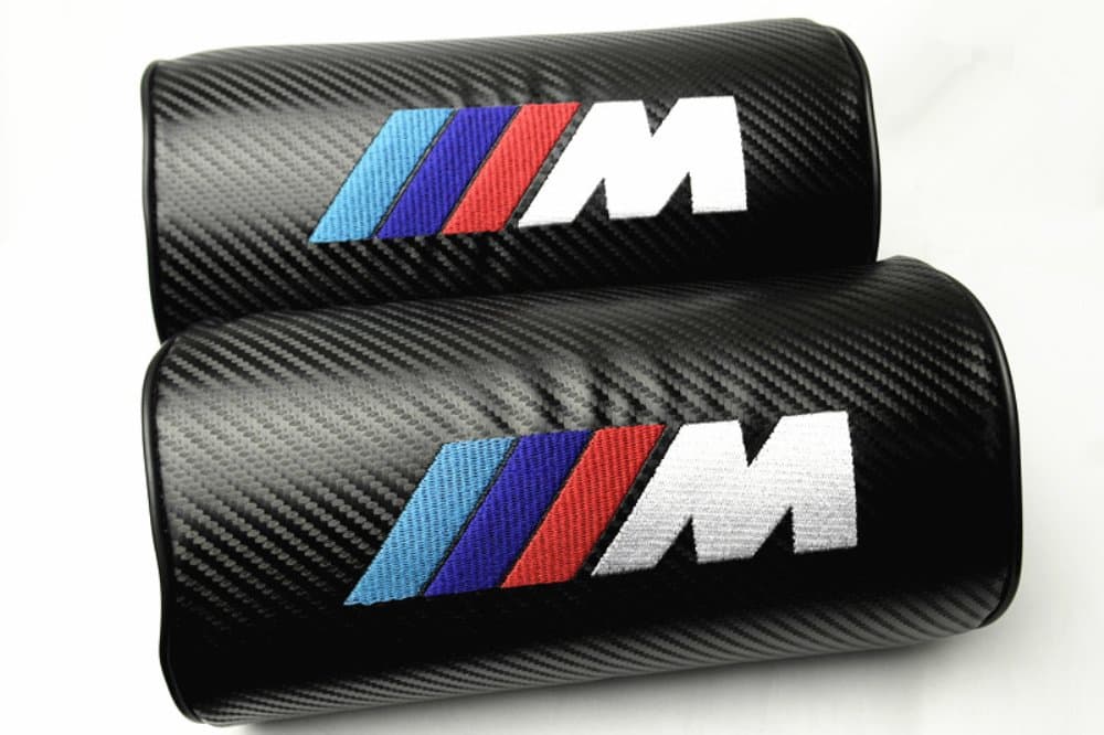 A Set 2 IN 1 ///M Power Black Carbon Fiber Car Neck Pillow Headrest Neck Cushion For M1 M3 M4 M5 M6 X1 X3 X4 X5 X6