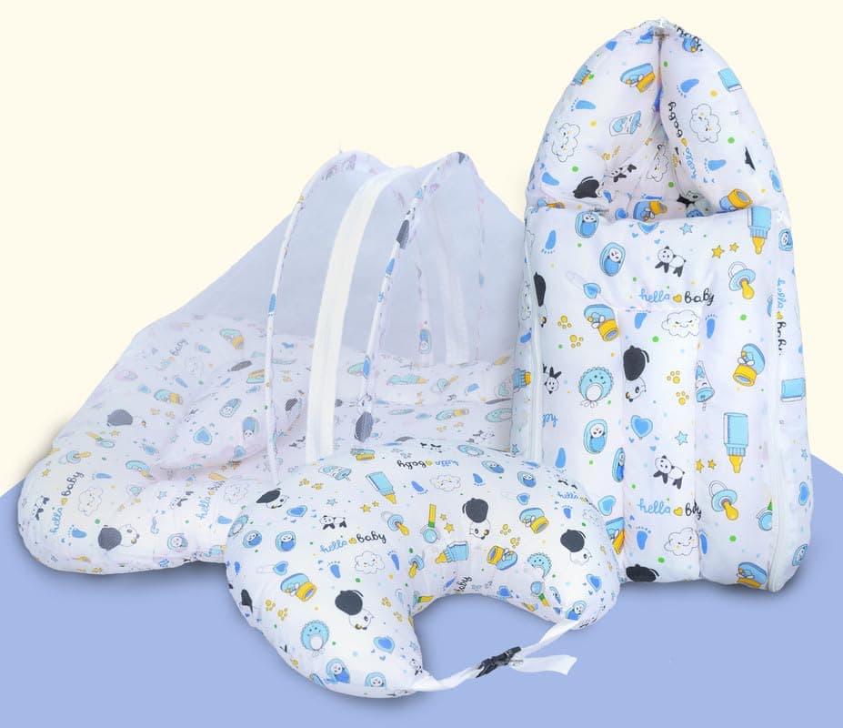 Baby Bedding Set, 3 Pcs Cotton Sleeping Essential|Baby Sleeping Bag|Mother Nursing Feeding Pillow|Mosquito Net Bed for 0-6 Months (Panda Blue)
