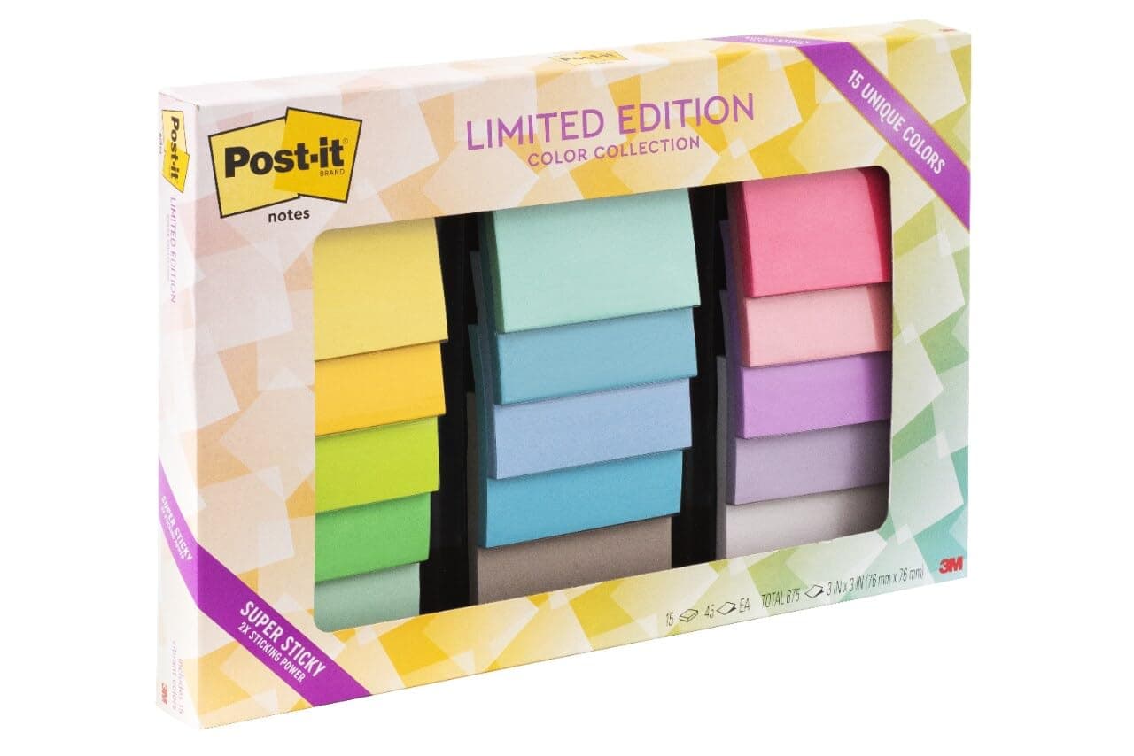 Notes Limited Edition Super Sticky Color Collection, 3 in x 3 in, 15 Pads/Pack, 45 Sheets/Pad (654-15Ssall)