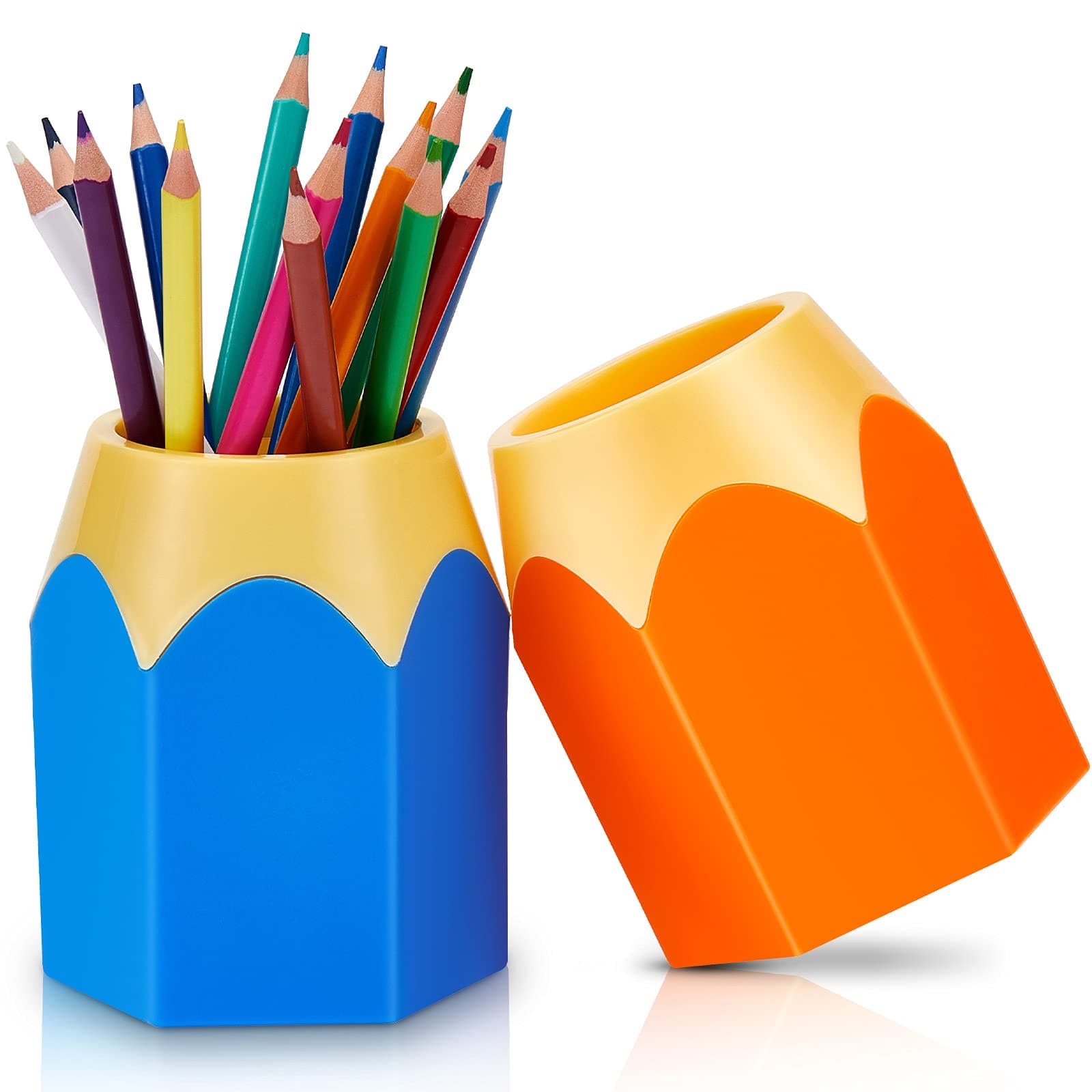 2 Pieces Pencil Shaped Pen Holders Pencil Storage Organizer Cute Desktop Pen Cup for Back to School Makeup Brush Container Cartoon Stationery Rack for Teacher Classroom Home Office(Blue, Orange)