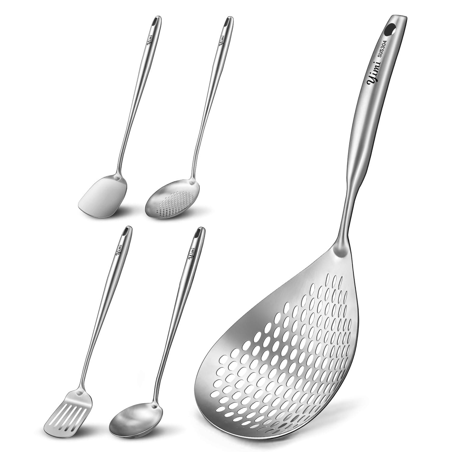 Yimi17inch Extra Long Handle Wok Utensils Tools(4-Piece) and Large Skimmer Slotted Spoon 15 Inch