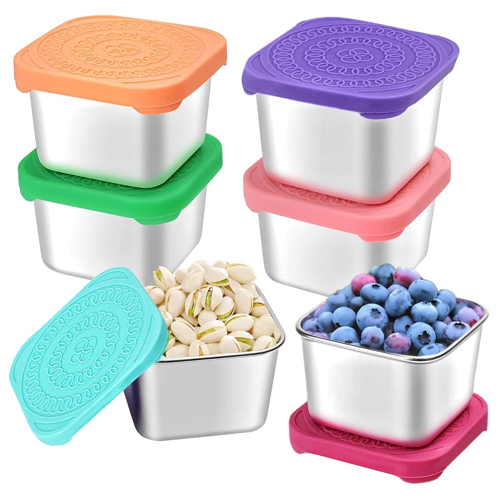 6 Pack 6 oz Stainless Steel Kids Containers Easy Open Leakproof Metal Snack Containers with Silicone Lids, Stackable Lunch Box