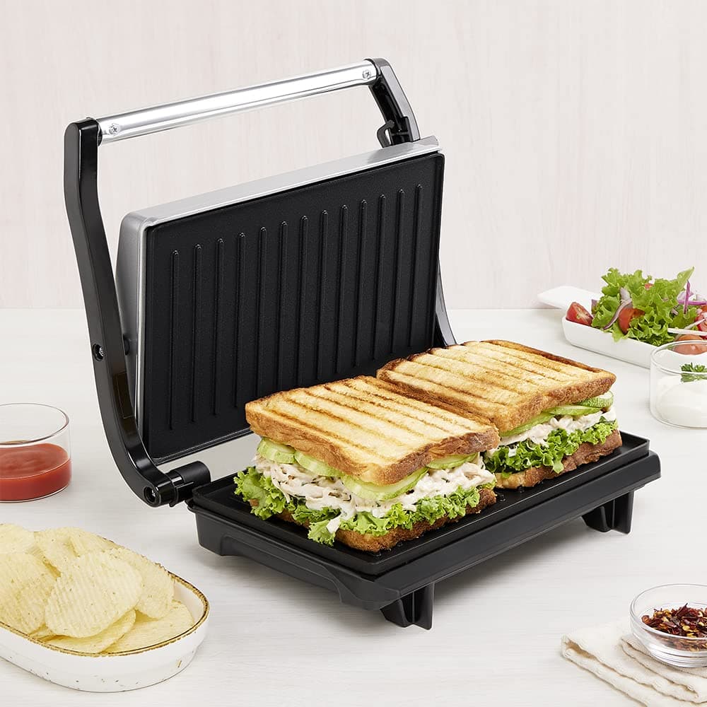 800W Prime Grill Sandwich Maker | Can Make 2 Large Sandwich | Made in India, BIS Approved | Nonstick Coated Plates, Even Grilling | Cool Touch Handle | Indicator Light | 2 Years Warranty
