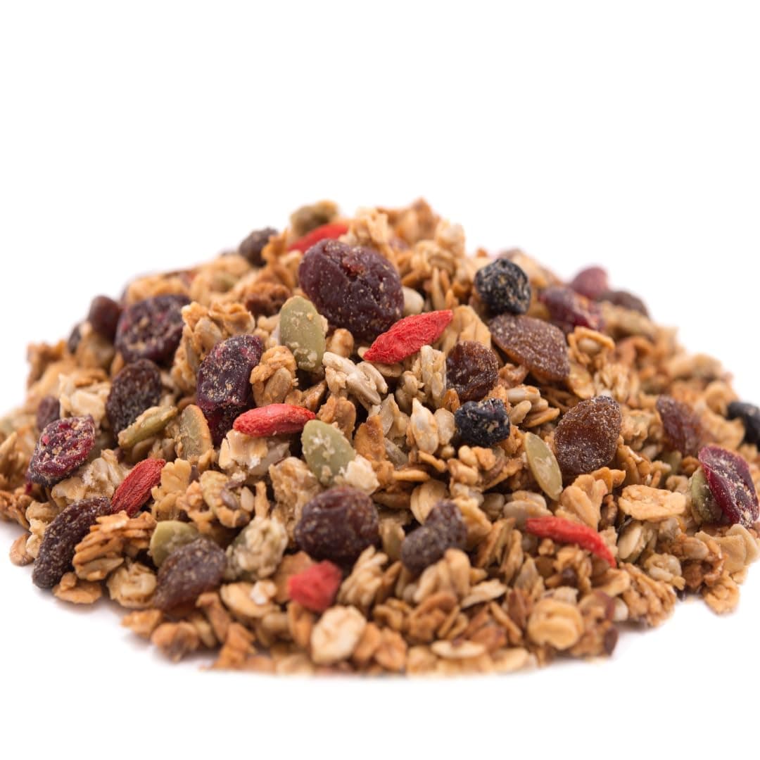 Super 5 Fruit Granola, 2 LBS - Top 14 Food Allergy Free & Non GMO - Unsulfured & Keto Safe - Cranberry, Blueberry, Goji Berry, Cherry, Raisin
