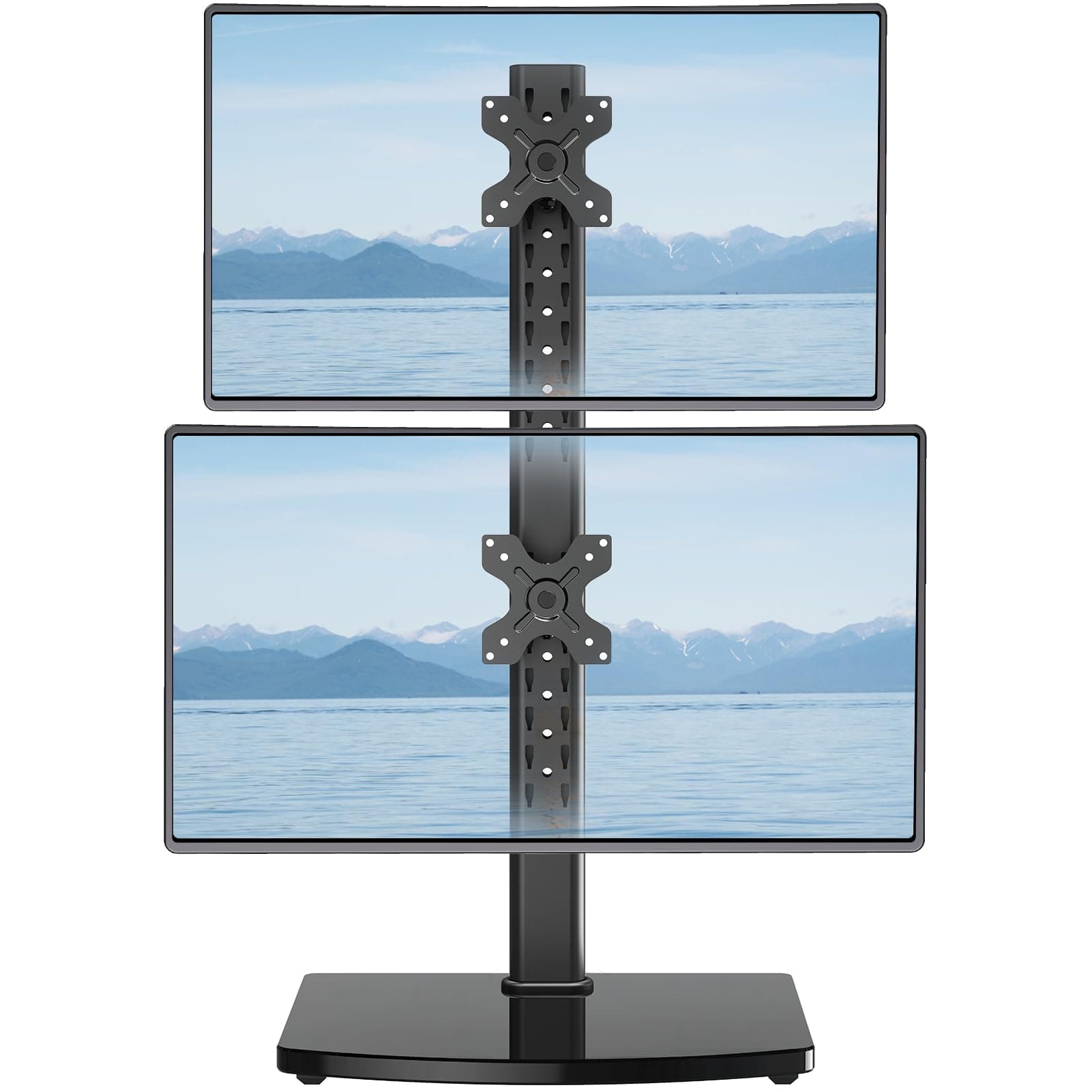 MOUNT PRO Vertical Dual Monitor Stand for 2 Computer Screen up to 32 Inch, Stacked Monitor Mount, Free-Standing Monitor Desk Stand with Swivel, Tilt, Height Adjustable, VESA Stand 100 x 100