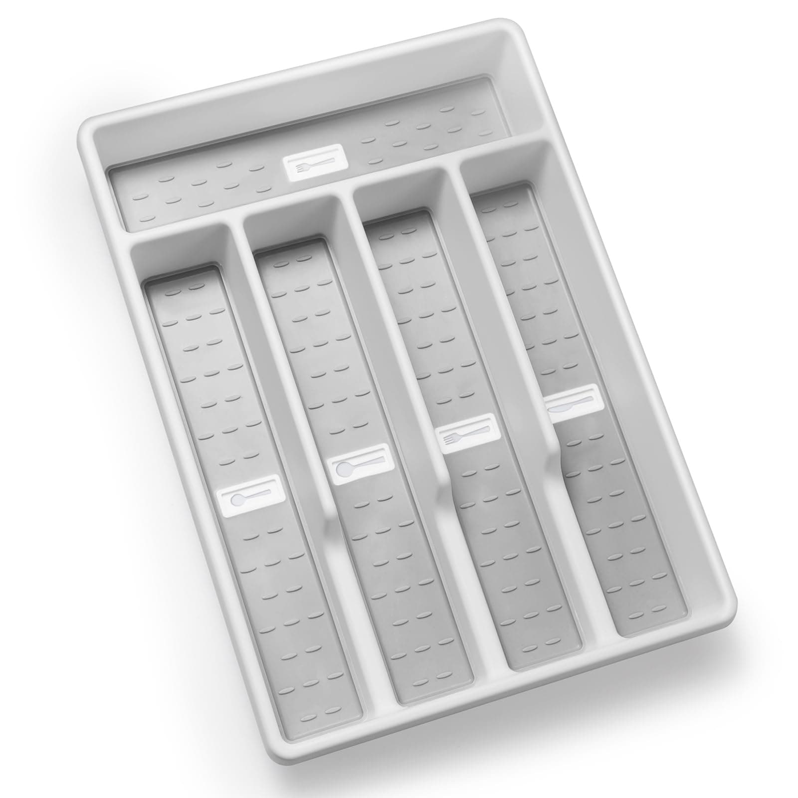 Silverware Organizer with Icons,Plastic Cutlery silverware Tray for Drawer,Utensil Flatware Tableware Organizer for Kitchen with Non-slip TPR,Fits Standard Drawer,5-Compartment,Grey