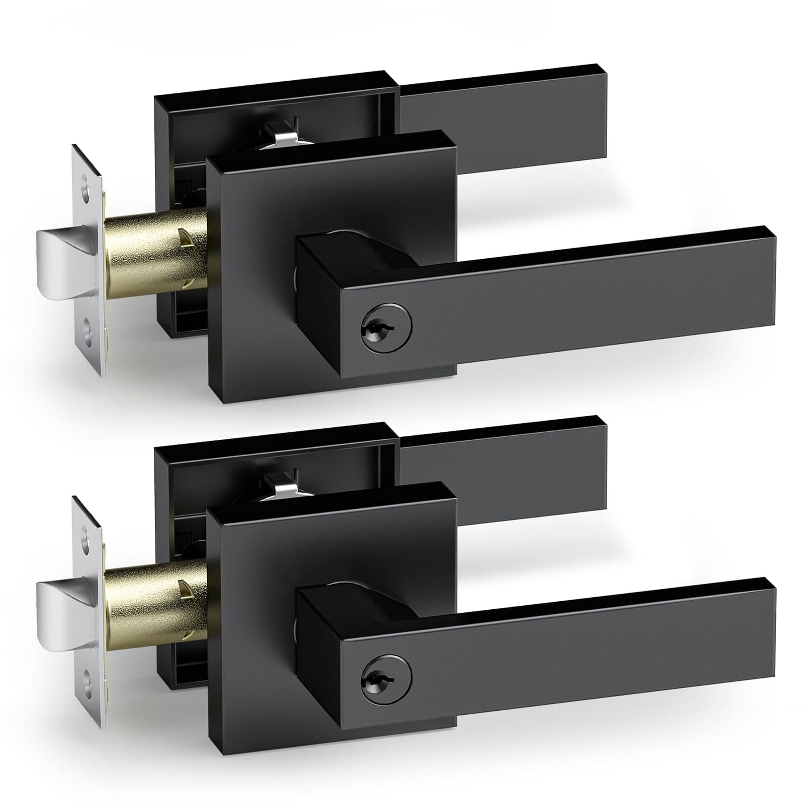 AceMining 2 Pack Keyed Entry Square Black Door Handle Lever Set, Interior and Exterior Door Handles, Complete Exterior Door Lock Set with Deadbolt, Stainless Steel, Black