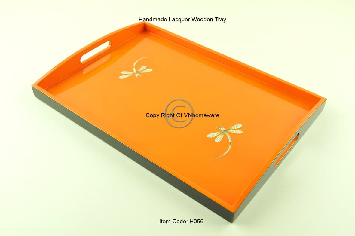 vnhomeware Handmade Wooden Rectangular Tray, Inlaid With Egg-Shell And Lacquered Decorative And Serving Tray, Small Size, Orange-Black, H056S