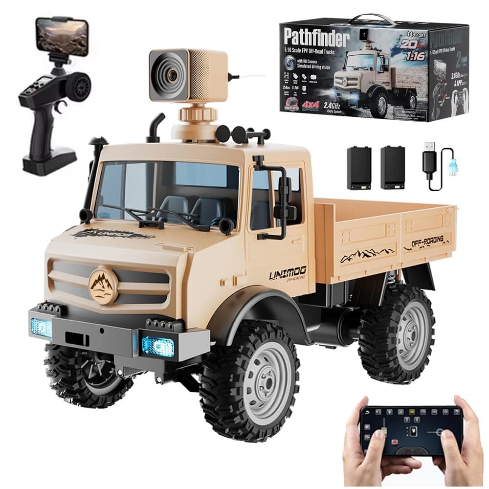 RC Military Truck, 1:16 Scale Remote Control Car with Camera, All Terrain RC Rock Crawler Off-Road RC Truck, 2.4GHz Army Transport Vehicle with 2 Rechargeable Batteries for Adults, Beige