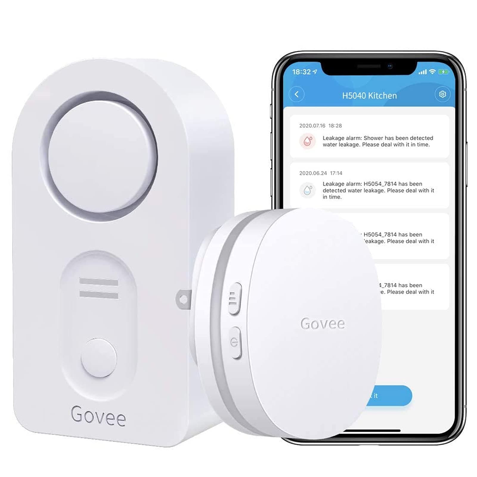 Govee WiFi Water Sensor, 100dB Adjustable Audio Alarm and Smart App Alerts, Leak and Drip Alert with Email, for Home, Basement