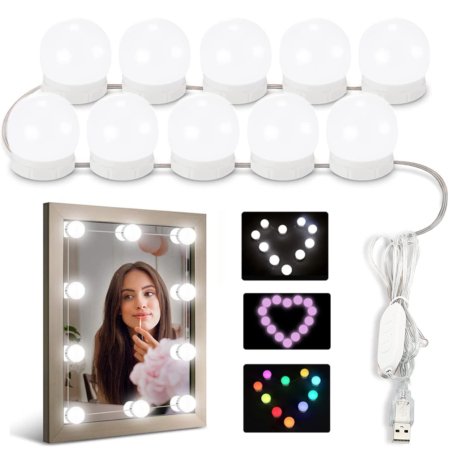 Gluckluz Mirror Lights Vanity Lighting 10 LED Bulb Make up Decoration Lights Hollywood Style 16 Modes Color Changing Lights for Home Bedroom Bathroom Dressing Room(USB Powered, RGBW)- white
