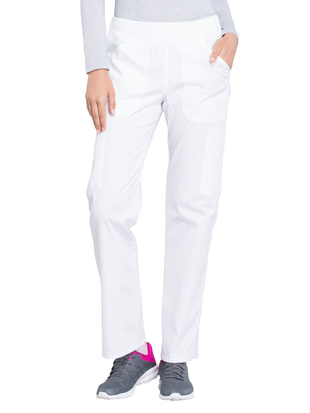 Professionals WW170 Women's Mid Rise, Straight Leg Pull-On Pant, White, Large Petite