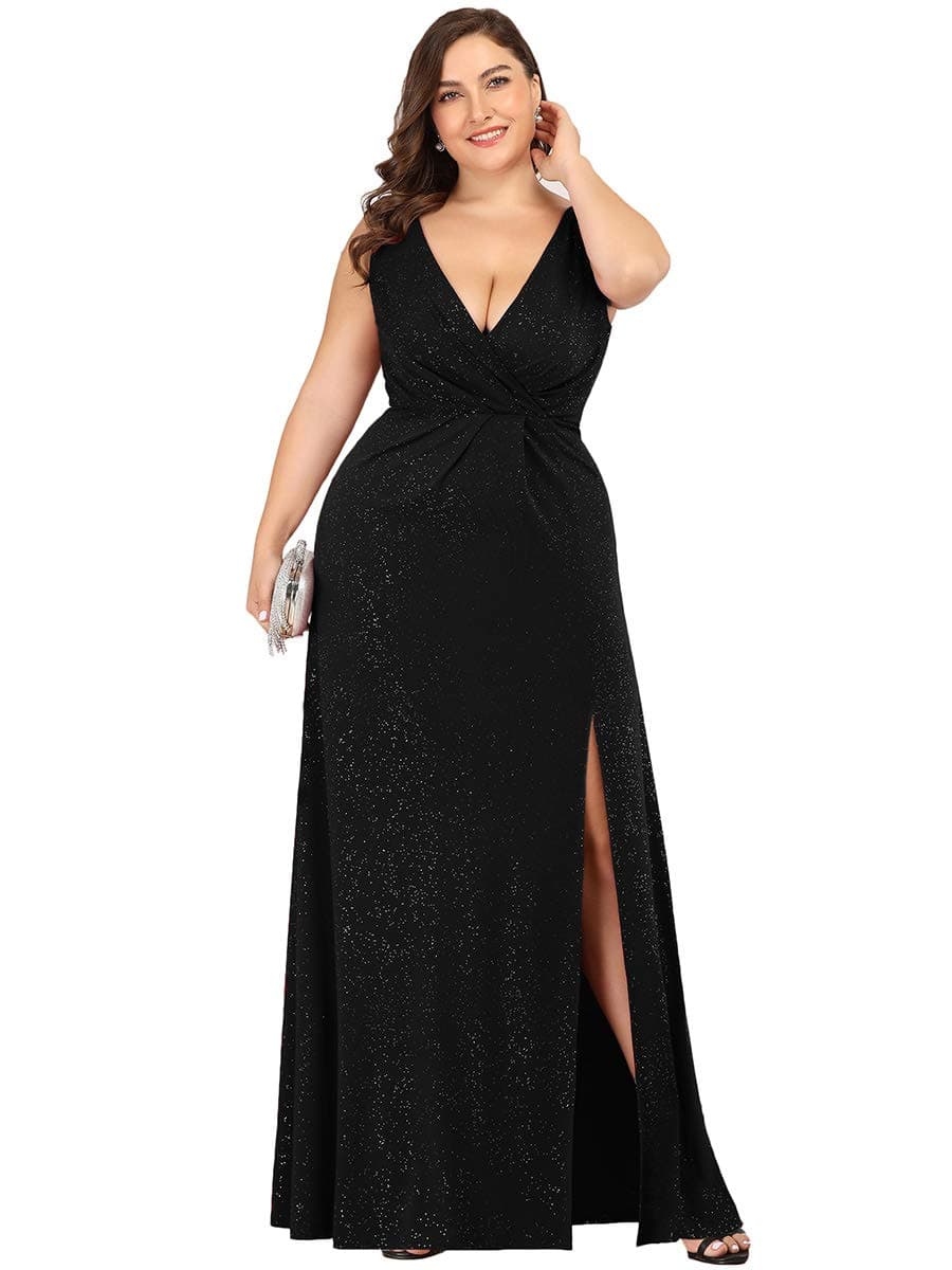 Ever-PrettyWomen's V-Neck Glitter Dress Side Split Gliter Plus Size Semi Formal Dresses for Women 07505-DA